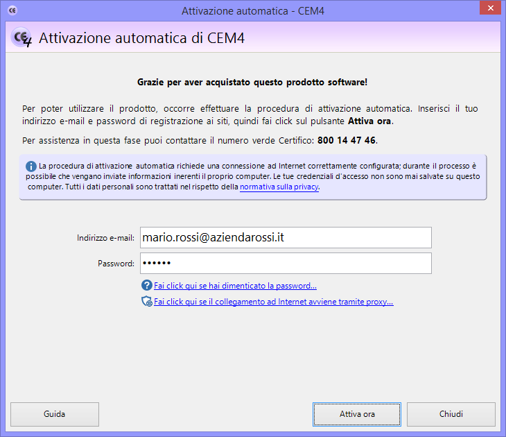 Inserimento delle credenziali per l'attivazione automatica Inserimento delle credenziali per l'attivazione automatica