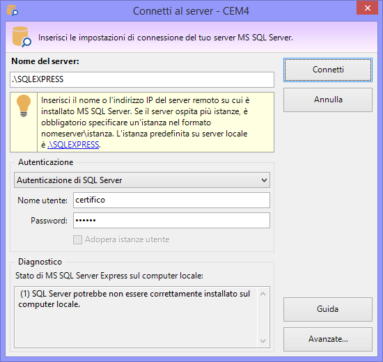 Finestra di connessione. Inserisci le impostazioni del tuo server Finestra di connessione. Inserisci le impostazioni del tuo server