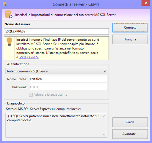 Finestra di connessione. Inserisci le impostazioni del tuo server Finestra di connessione. Inserisci le impostazioni del tuo server
