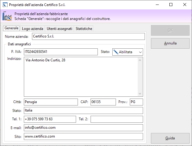 Finestra di proprietà di un'azienda, scheda generale Finestra di proprietà di un'azienda, scheda generale