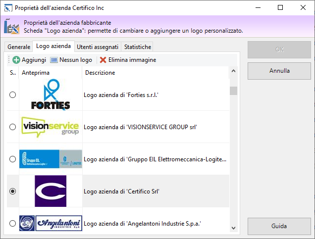 Finestra di proprietà di un'azienda, scheda logo azienda Finestra di proprietà di un'azienda, scheda logo azienda