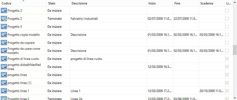 Finestra di gestione dei progetti Finestra di gestione dei progetti