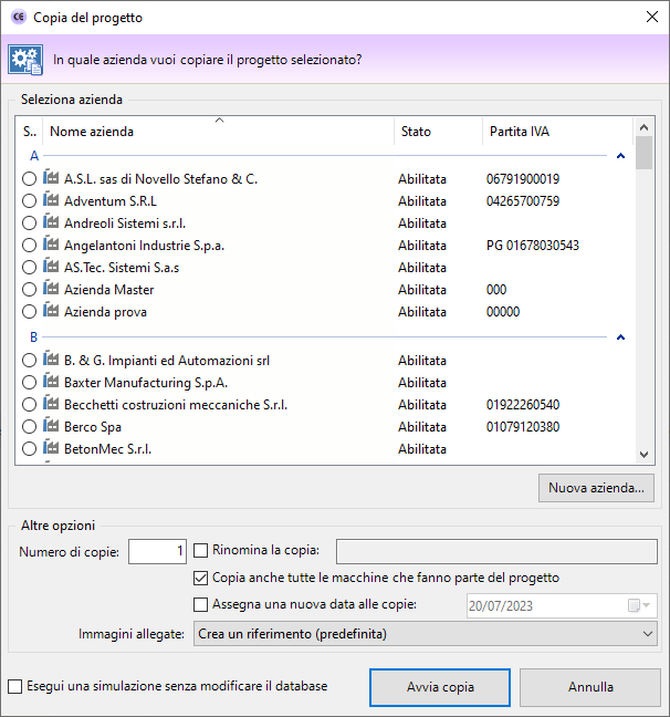Finestra di copia di un progetto