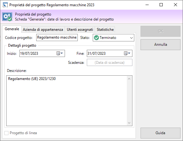 Finestra di proprietà di un progetto, scheda "Generale" Finestra di proprietà di un progetto, scheda "Generale"
