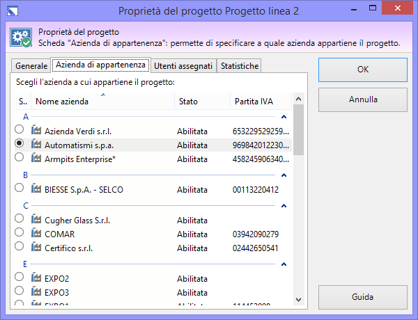 Finestra di proprietà di un progetto, scheda "Azienda di appartenenza" Finestra di proprietà di un progetto, scheda "Azienda di appartenenza"