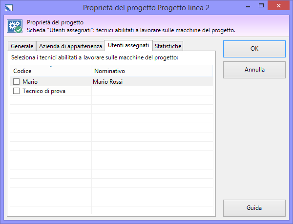 Finestra di proprietà di un progetto, scheda "Utenti assegnati" Finestra di proprietà di un progetto, scheda "Utenti assegnati"
