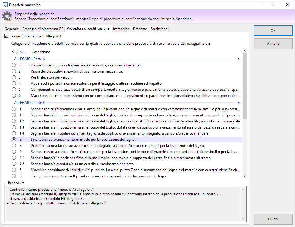 Finestra di proprietà di una macchina, scheda "Procedura di certificazione" Finestra di proprietà di una macchina, scheda "Procedura di certificazione"