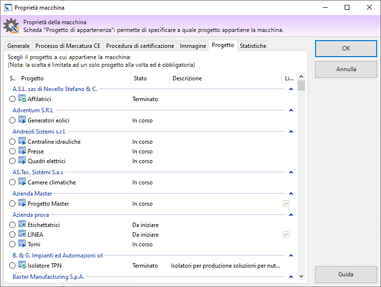 Finestra di proprietà di una macchina, scheda "Progetto" Finestra di proprietà di una macchina, scheda "Progetto"