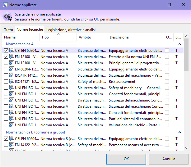 Finestra di selezione norme