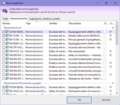 Finestra di selezione norme Finestra di selezione norme