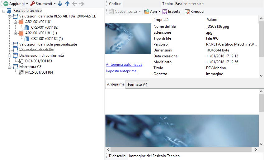 Finestra personalizzazione del Fascicolo Tecnico