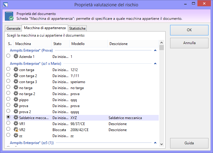Finestra di proprietà di un documento, scheda "Macchina di appartenenza"