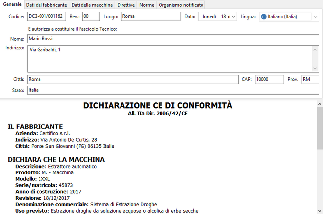 Finestra Dichiarazione CE di Conformità