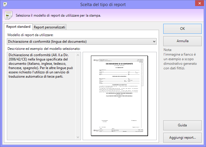 Finestra di scelta tipo report