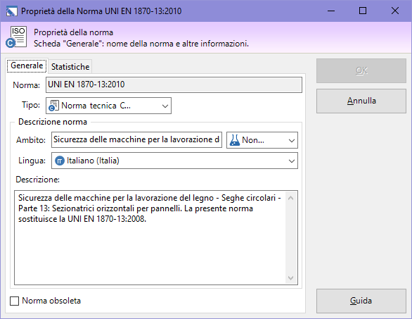 Finestra di proprietà di una norma, scheda "Generale" Finestra di proprietà di una norma, scheda "Generale"