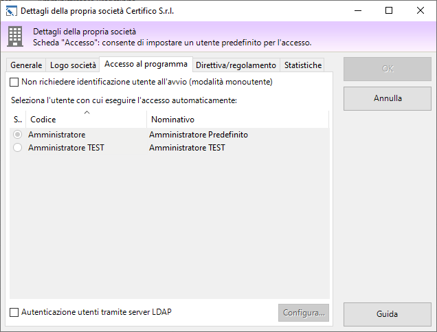 Dettagli della propria società, scheda "Accesso al programma" Dettagli della propria società, scheda "Accesso al programma"