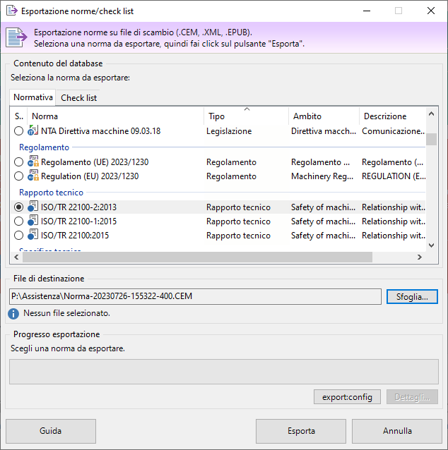 Finestra esportazione norme/check list Finestra esportazione norme/check list