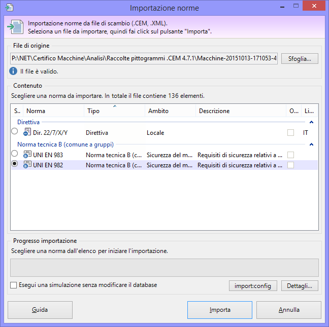 Finestra di importazione norme Finestra di importazione norme