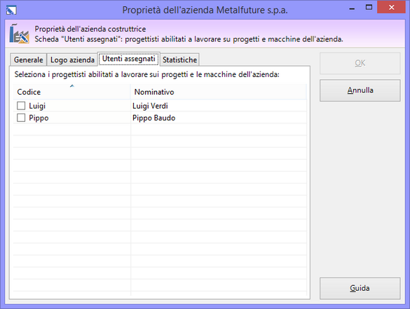 Finestra di proprietà di un'azienda, scheda "Utenti assegnati" Finestra di proprietà di un'azienda, scheda "Utenti assegnati"
