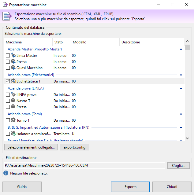 Finestra esportazione macchine Finestra esportazione macchine