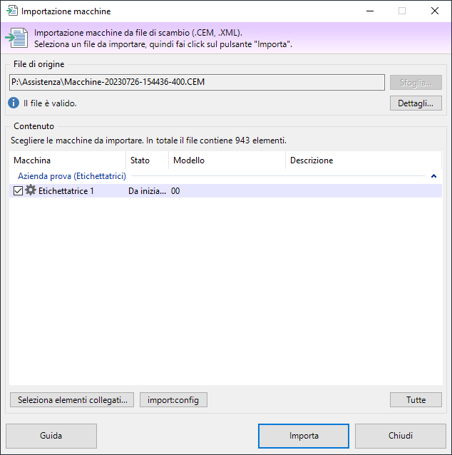 Finestra di importazione macchine Finestra di importazione macchine