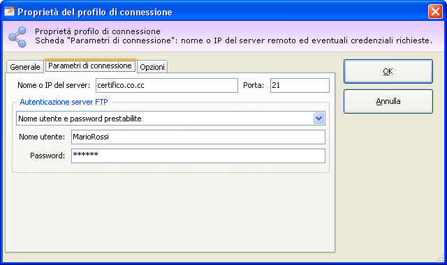 Proprietà del profilo di connessione. Scheda "Parametri di connessione" Proprietà del profilo di connessione. Scheda "Parametri di connessione"