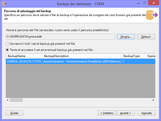 Percorso di salvataggio del backup Percorso di salvataggio del backup