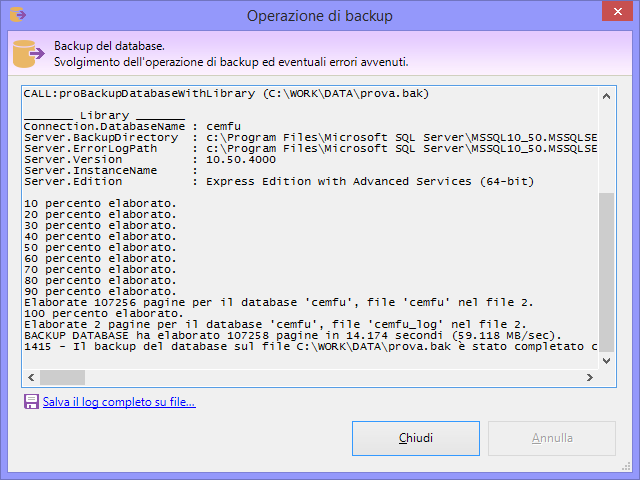 Finestra di log al termine Finestra di log al termine