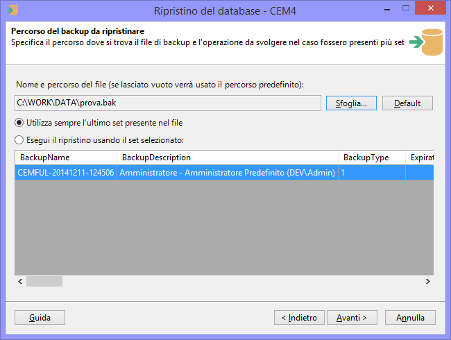 Scelta del percorso del backup e del set Scelta del percorso del backup e del set