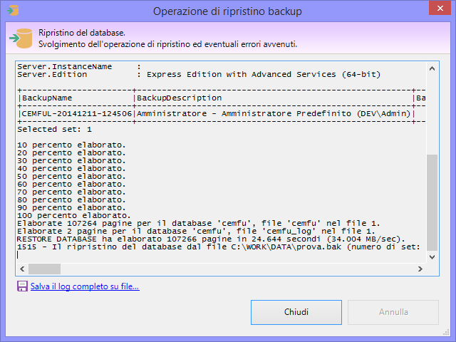 Finestra di log al termine Finestra di log al termine