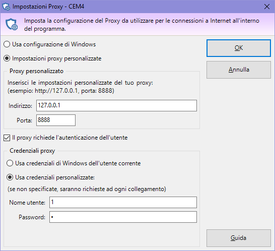 Finestra impostazioni proxy Finestra impostazioni proxy