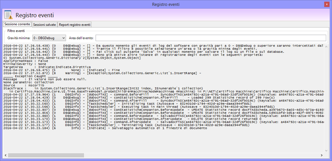 Finestra di registro eventi Finestra di registro eventi