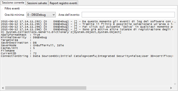 Scheda "Sessione corrente" della finestra "Registro eventi" Scheda "Sessione corrente" della finestra "Registro eventi"