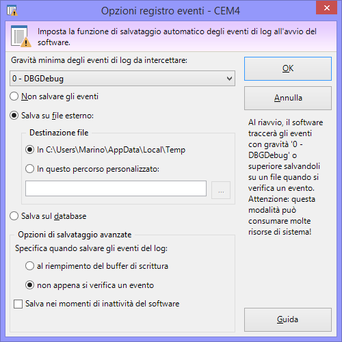 Finestra "Opzioni registro eventi" Finestra "Opzioni registro eventi"