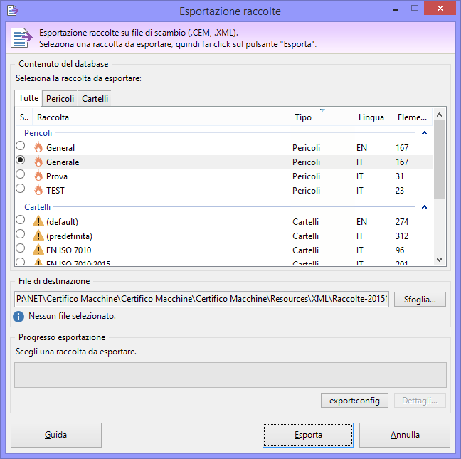 Finestra esportazione raccolte Finestra esportazione raccolte
