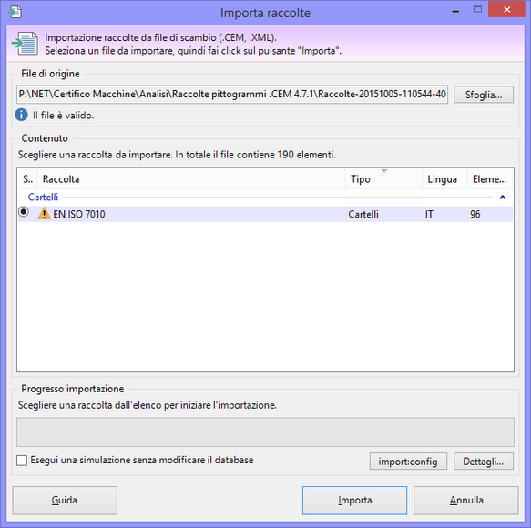 Finestra di importazione raccolte Finestra di importazione raccolte
