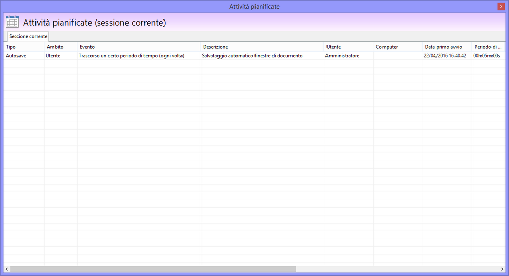 Finestra delle attività pianificate Finestra delle attività pianificate