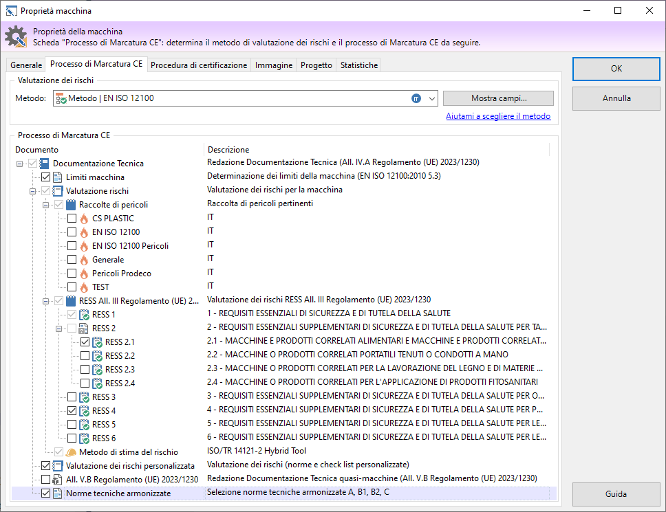Finestra di proprietà di una macchina, scheda "Processo di Marcatura CE" Finestra di proprietà di una macchina, scheda "Processo di Marcatura CE"