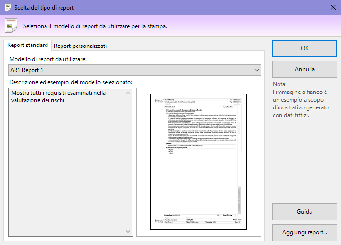 Finestra di scelta del tipo report Finestra di scelta del tipo report