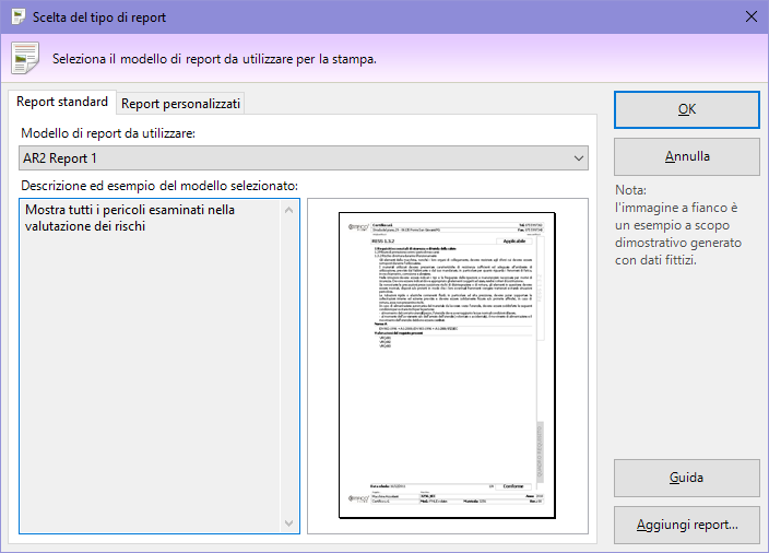 Finestra di scelta del tipo report