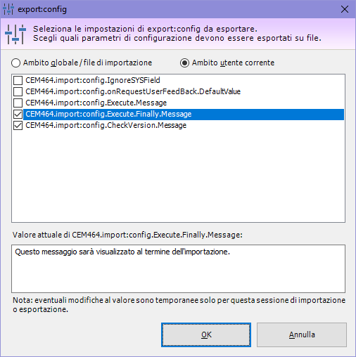 Finestra "export:config" Finestra "export:config"