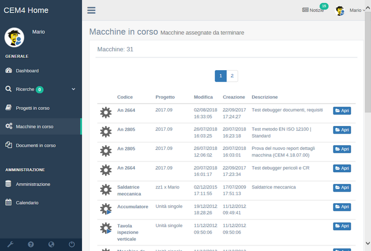 Macchine in corso per un utente Progettista Macchine in corso per un utente Progettista