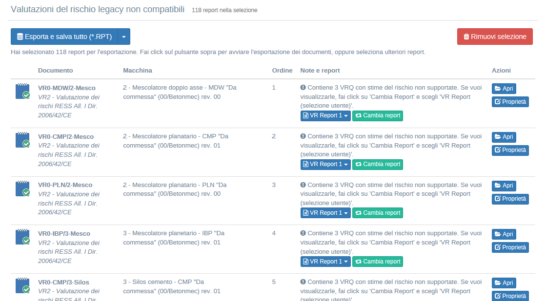 Pagina di selezione delle valutazioni del rischio legacy Pagina di selezione delle valutazioni del rischio legacy