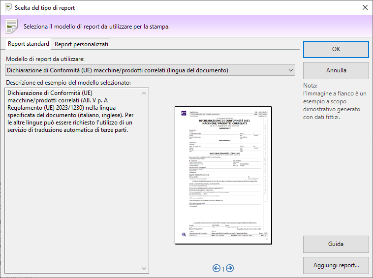 Finestra di scelta tipo report